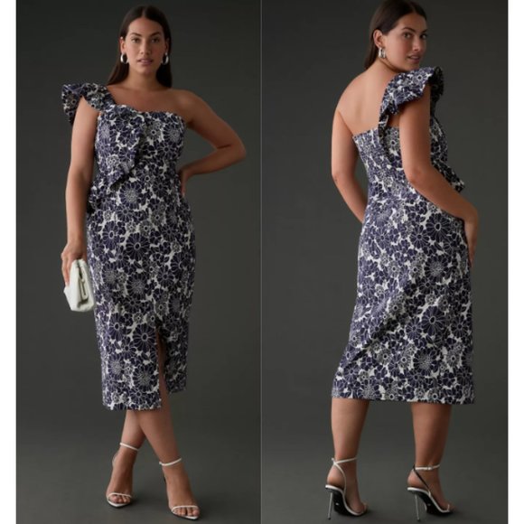 Anthropologie Ruffle One-shoulder Slim Midi Dress NWT in Navy Blue XL - Picture 1 of 14